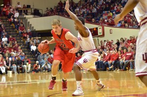Senior forward Taylor Wischmeier drives on an Indiana player during Saturday's exhibition game.