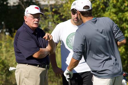 New USI men’s golf head coach, Greg Charnes, (left) speaks with Sophomore Engineering major, Kyle Tanriverdi, (middle) and Junior Pre-Criminal Justice major, Grant Saylor, (right) during a Monday afternoon practice.