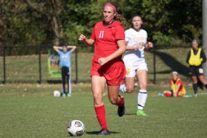 Senior forward Madi Vellky dribbles down the field during a game against Quincy University Oct. 18. Vellky recently was named Division II Women’s Soccer Academic All-District IV by the College sports Information Directors of America for the second time in her USI career. 