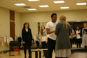 Presley Roy (Madge Owens), Antonio King (Hal Carter) and Leslie Alexander (Flo Owens) rehearse lines Tuesday evening for the spring play, "Picnic," which opens Wednesday.