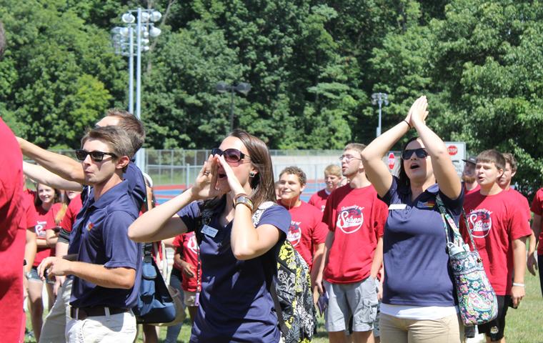 Students at Eagle Convocation 2015 chant outside of the Physical Activities Center Friday. Photo by hannah Spurgeon/The Shield