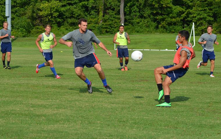 The Men's Soccer Team practices Aug. 28 for its first game Thursday. 