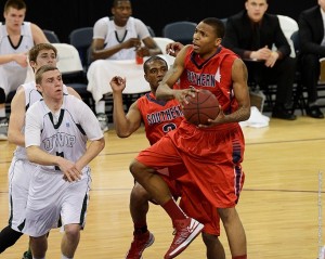 Orlando Rutledge goes up for a shot last season at the Ford Center in Evansville, Ind. (Photo courtesy: USI Athletics)